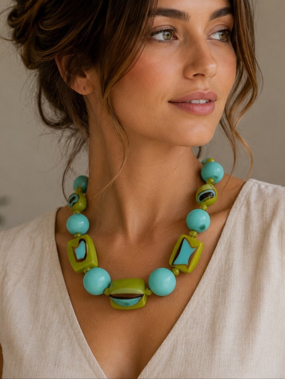 Vintage Funky Green and Blue Chunky Knot Beaded Festival Statement Necklace